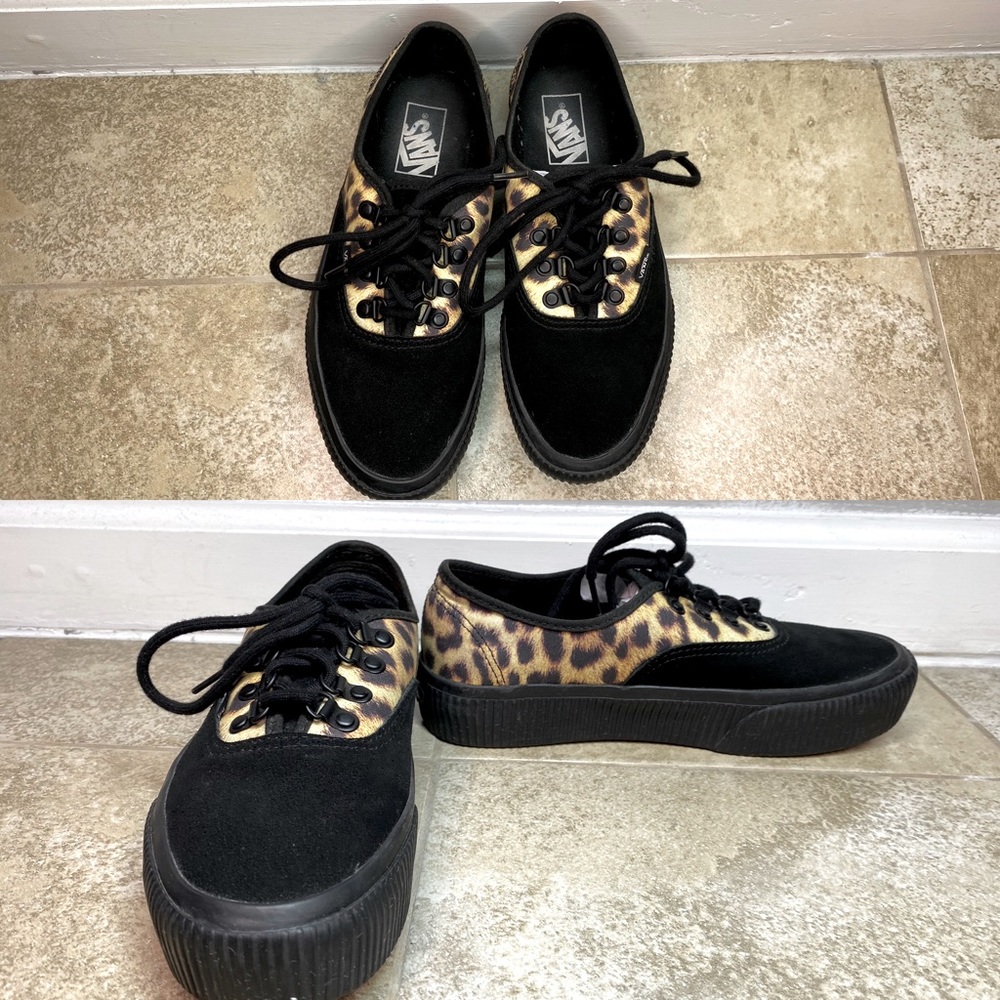 Vans Women's Black and Leopard Platform Authentic Sneakers
